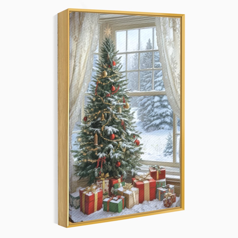 Tablou canvas cu tablou canvas cu brad de craciun si cadouri, in rama de aluminiu auriu